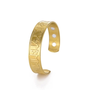 Gold stainless steel magnetic therapy cuff bracelet with embossed Nordic rune symbols