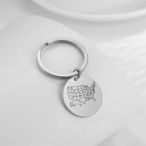 Porte-clés en acier inoxydable avec carte des États-Unis gravée sur pendentif rond