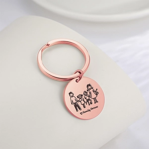 Rose gold stainless steel family keychain with engraved cartoon family and text