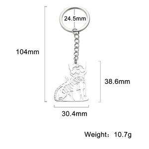 Hollow-out skeleton cat keychain made of silver stainless steel on a white background