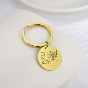 Porte-clés Pendentif Rond en Acier Inoxydable Carte des USA Gravé au Laser Porte-clés Métal pour Homme Femme Or Argent Or Rose Bijoux Cadeau