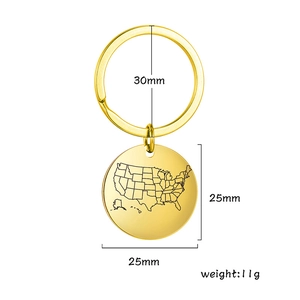 Détails du porte-clés en acier inoxydable poli doré avec gravure de la carte USA