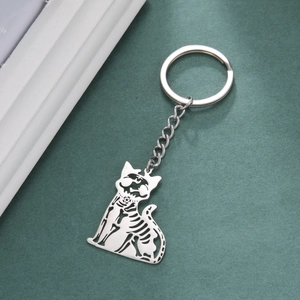 Detailed view of cutout skeleton cat keychain in silver metal with pentagram detail