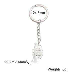 Polished stainless steel trumpet pendant keychain for music lovers with 24.5mm flat ring