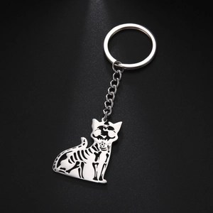 Gothic Stainless Steel Skeleton Cat Keychain Hollow Out Skull Kitten Bag Pendant Halloween Jewelry Accessory Gift For Unisex