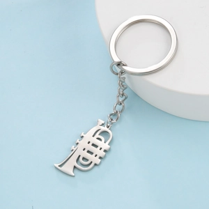 Polished stainless steel trumpet instrument keychain with a silver circular split ring
