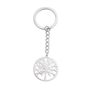 Stainless steel Tree of Life pendant keychain with a polished silver finish circle charm