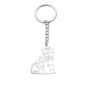 Gothic hollow skeleton cat keychain in polished stainless steel for travel souvenir