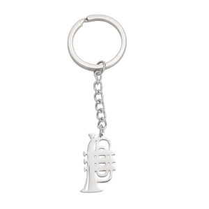 Polished silver stainless steel keychain featuring a detailed musical trumpet pendant
