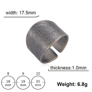 Detailed size chart for vintage copper Metatron's Cube ring showing width and thickness