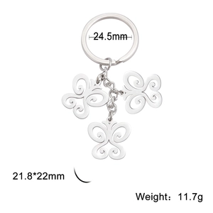 Polished stainless steel butterfly keychain with three hollow filigree pendants and 24.5mm ring