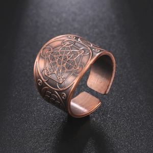 Vintage copper hexagon geometric open ring with mystical Metatron's Cube engraving