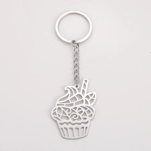 Porte-clés pendentif cupcake évidé en acier inoxydable argenté poli de haute qualité