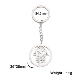 Hamsa palm pendant keychain in 304 stainless steel with hollow pattern and dimensions