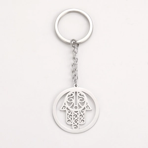 Polished stainless steel Hamsa Hand keychain with hollowed round pendant design