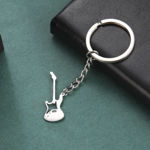 Polished 304 stainless steel guitar keychain with minimalist hollow pendant design