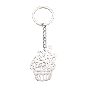 Porte-clés pendentif cupcake ajouré en acier inoxydable argenté poli et brillant
