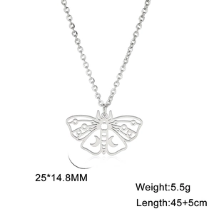 Polished stainless steel moth pendant necklace with crescent moon hollow design
