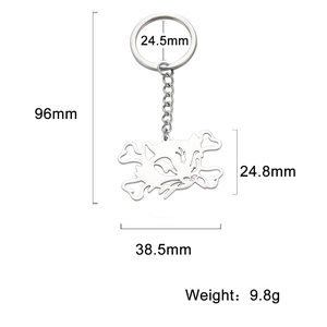 Titanium steel hollow cat skull and crossbones keychain with dimensions and weight specs