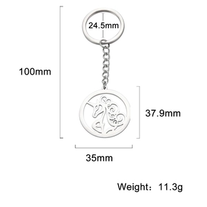 Polished stainless steel unicorn keychain with hollow pendant and dimensions