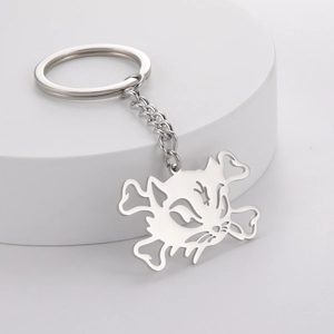 Hollow cat skull crossbone pendant keychain in polished silver stainless steel
