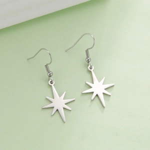 Dettaglio degli orecchini a stella ottagonale in acciaio inossidabile argento con ganci