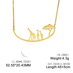 Detail of gold giraffe and tree pendant with size and weight measurement specs
