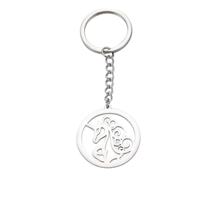 Polished stainless steel keychain with hollow unicorn silhouette pendant in silver finish