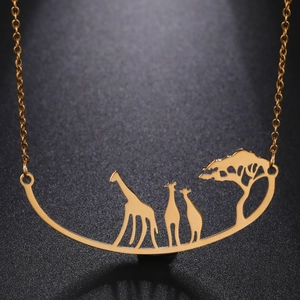 Minimalist 304 Stainless Steel Giraffe Tree Pendant Necklace African Savannah Animal Silhouette Jewelry For Unisex Gift
