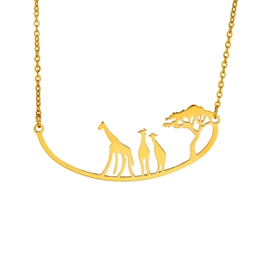 Minimalist gold stainless steel necklace with three giraffes and African tree pendant