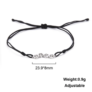 Verstellbares schwarzes Kordelarmband mit vier Edelstahl-Tierpfotenabdrücken