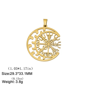 Dettaglio del ciondolo Vegvisir in acciaio dorato con specifiche di peso e misura