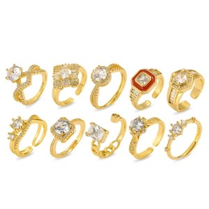Vintage Gold Plated Copper Zirconia Square Open Ring For Women Elegant Micro Inlaid Cluster Adjustable Fashion Jewelry Ring