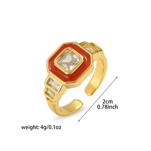 Adjustable gold ring with square clear stone and red enamel frame for women