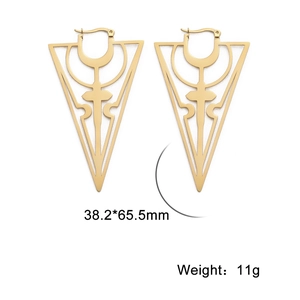 Detail view of gold hollow cross earrings with dimensions 38.2x65.5mm and 11g weight