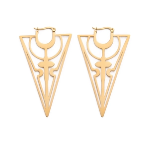 Golden titanium steel geometric inverted triangle earrings with cutout cross patterns