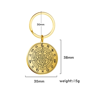 Detail view of golden stainless steel keychain with engraved zodiac and astrology symbols