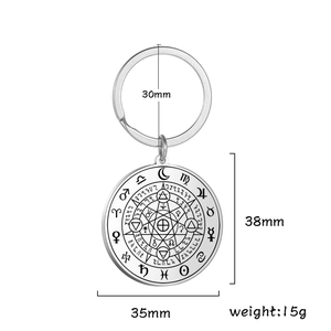 Polished stainless steel round keychain pendant with engraved zodiac symbols and star design
