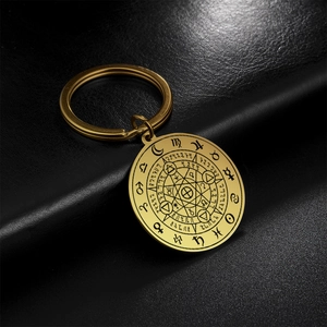 Gold stainless steel keychain with polished circular heptagram and zodiac pendant