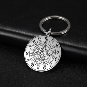 Titanium steel keychain featuring a circular heptagram pendant with astrological symbols