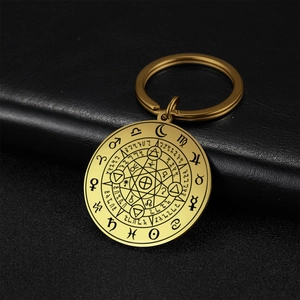 Stainless Steel Round Pendant Keychain Astrology Zodiac Seven Pointed Star Mystic Retro Key Ring Key Holder Jewelry Gift