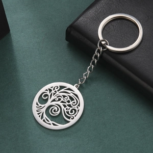 Porte-clés en Acier Inoxydable 304 Rond Ajouré Arbre de Vie Argent Anneau de Clé pour Homme Femme Accessoire Quotidien Cadeau