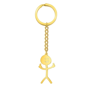 Funny doodle stick figure keychain in gold finish with middle finger and smiley face
