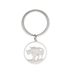 Stainless steel rhino keychain with heart cutout design on minimalist silver metal ring