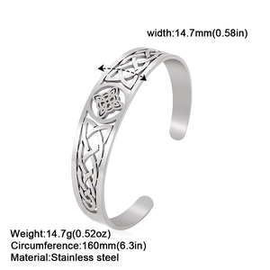 Bracciale rigido aperto in acciaio inox con nodo celtico, larghezza 14,7 mm e misure