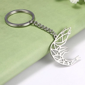 Geometric hollow shrimp pendant keychain in polished silver stainless steel