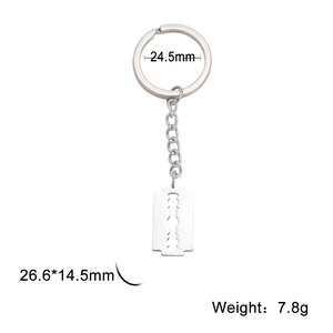 Industrial stainless steel razor blade pendant keychain with silver metallic finish
