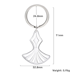 Polished 304 stainless steel fan pendant keychain with size and weight measurements