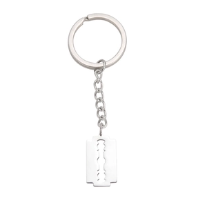 Polished stainless steel razor blade pendant keychain with industrial punk style metal link