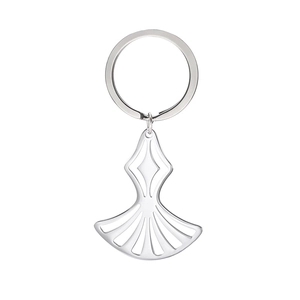 Minimalist silver stainless steel hollow fan-shaped pendant keychain with a polished finish
